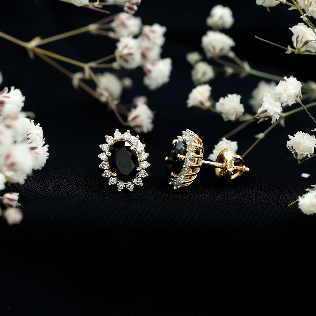 2 Carat Oval Shaped Black and White Diamond Stud Earrings in Yellow Gold Plated Silver