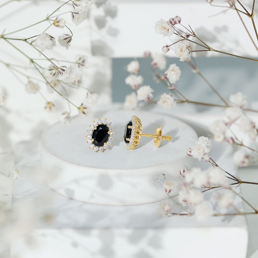 2 Carat Oval Shaped Black and White Diamond Stud Earrings in Yellow Gold Plated Silver