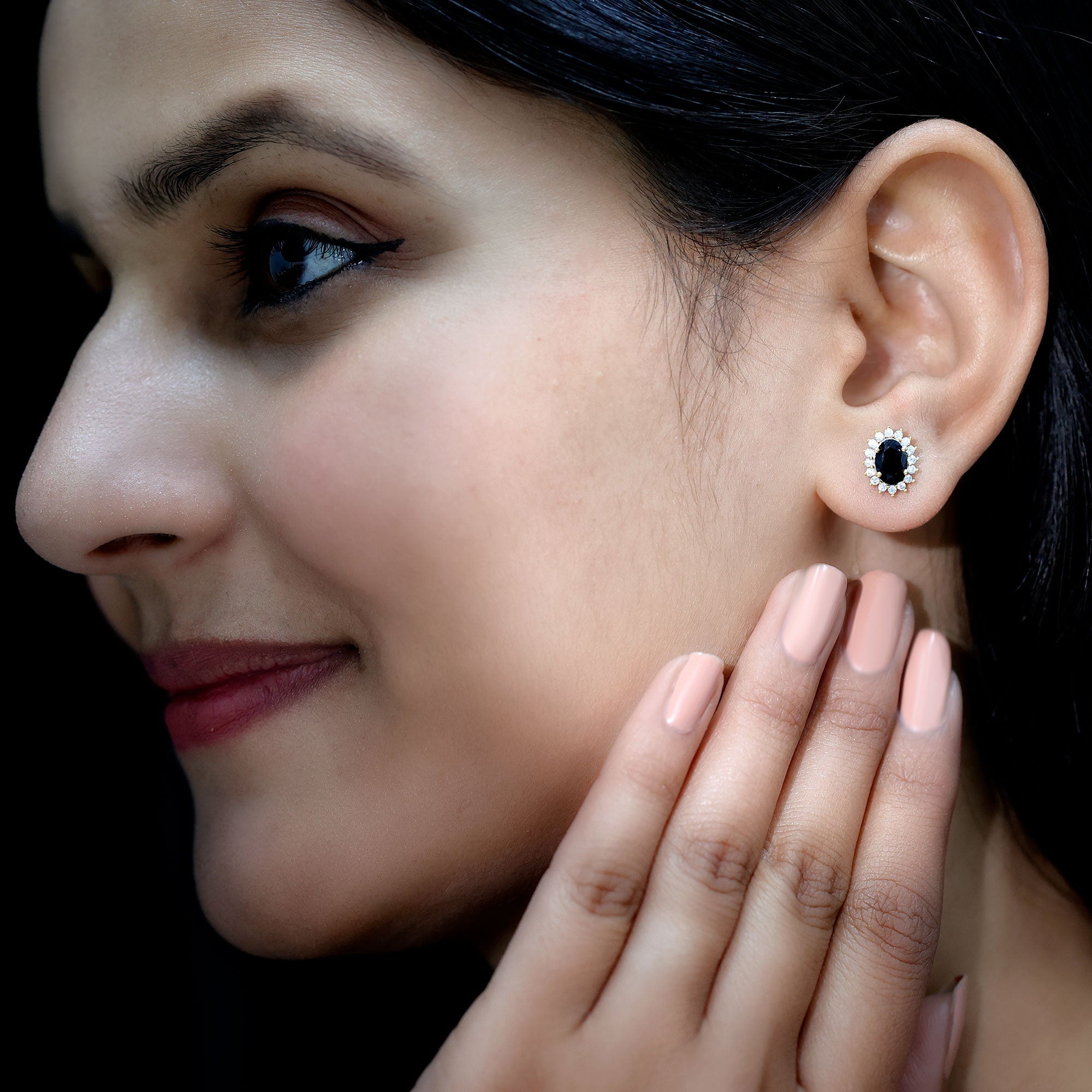 2 Carat Oval Shaped Black and White Diamond Stud Earrings in Yellow Gold Plated Silver