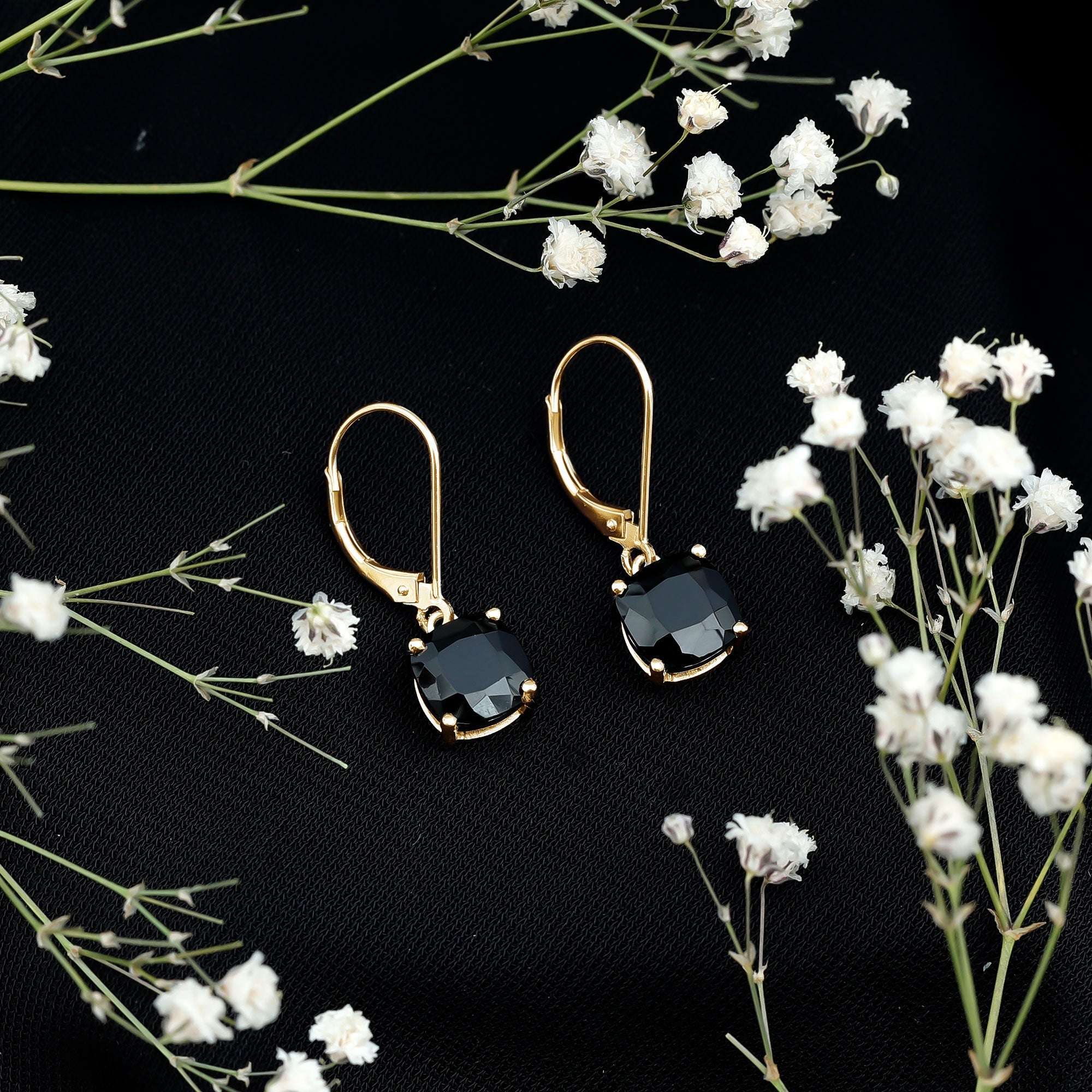 Black Onyx Solitaire Drop Lever Back Earrings