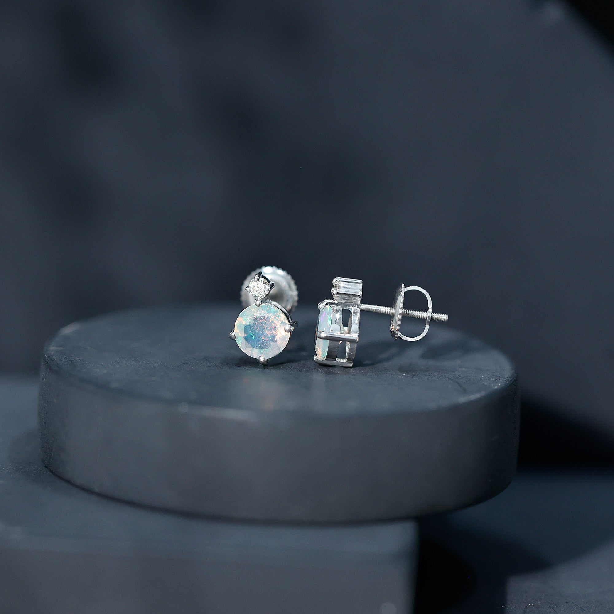 Ethiopian Opal Diamond Solitaire Stud Earrings