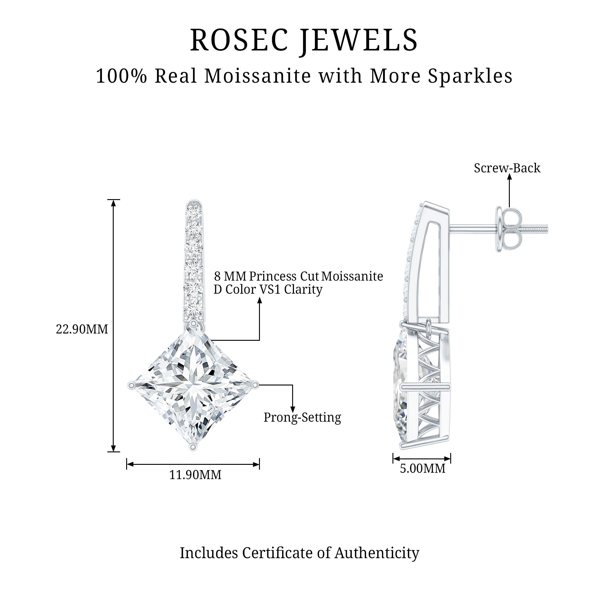 Certified 6 Carat Princess Cut Moissanite Drop Earrings in Silver
