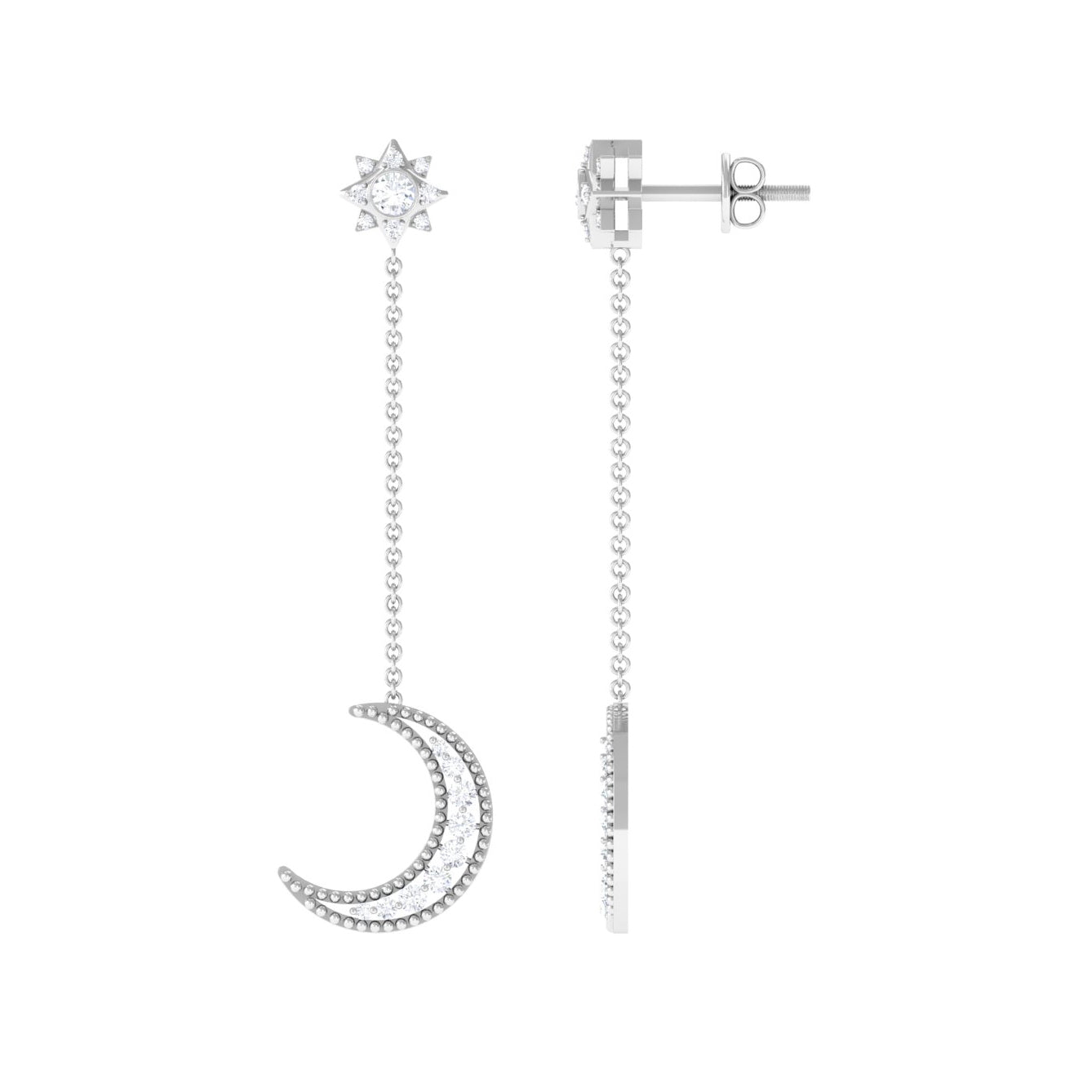 Diamond Chain Earrings – Crescent Moon & Star Dangle | Elegant Fine Jewelry
