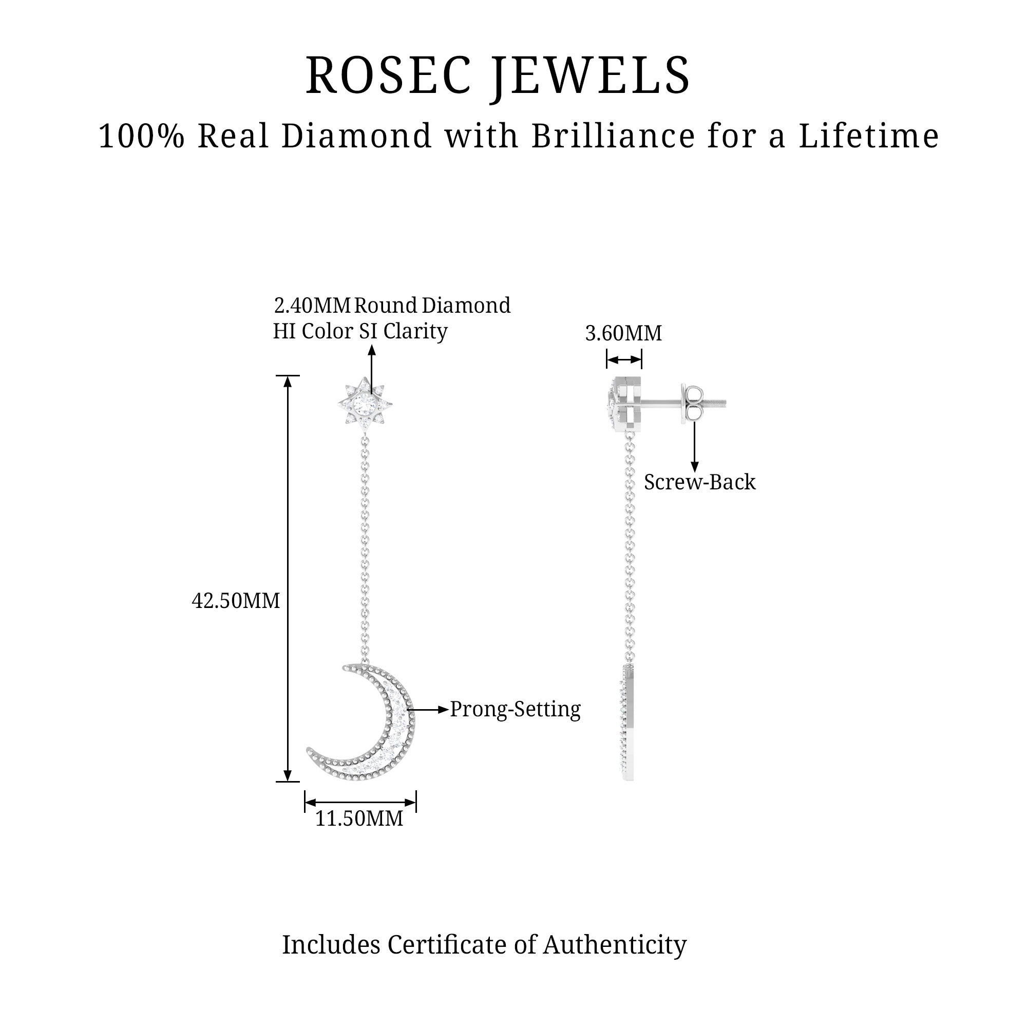 Diamond Chain Earrings – Crescent Moon & Star Dangle | Elegant Fine Jewelry
