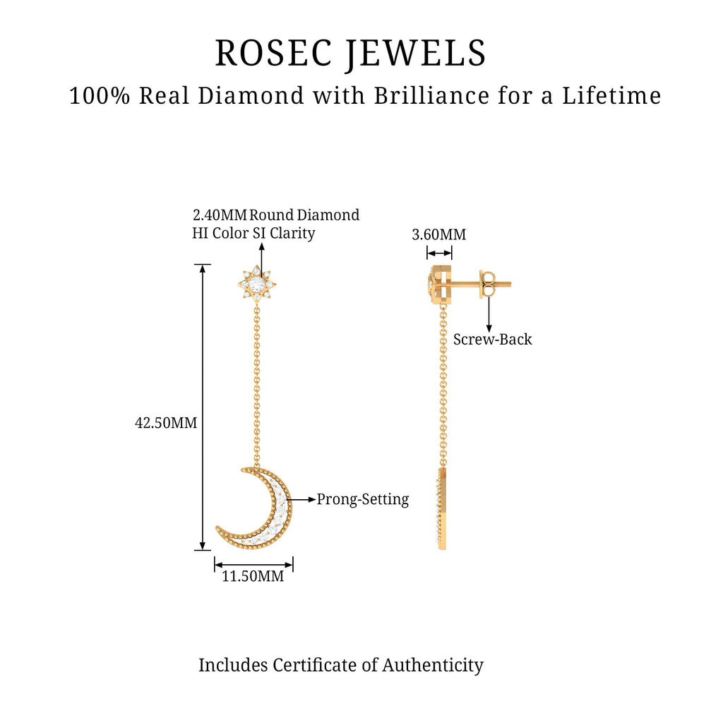 Diamond Chain Earrings – Crescent Moon & Star Dangle | Elegant Fine Jewelry