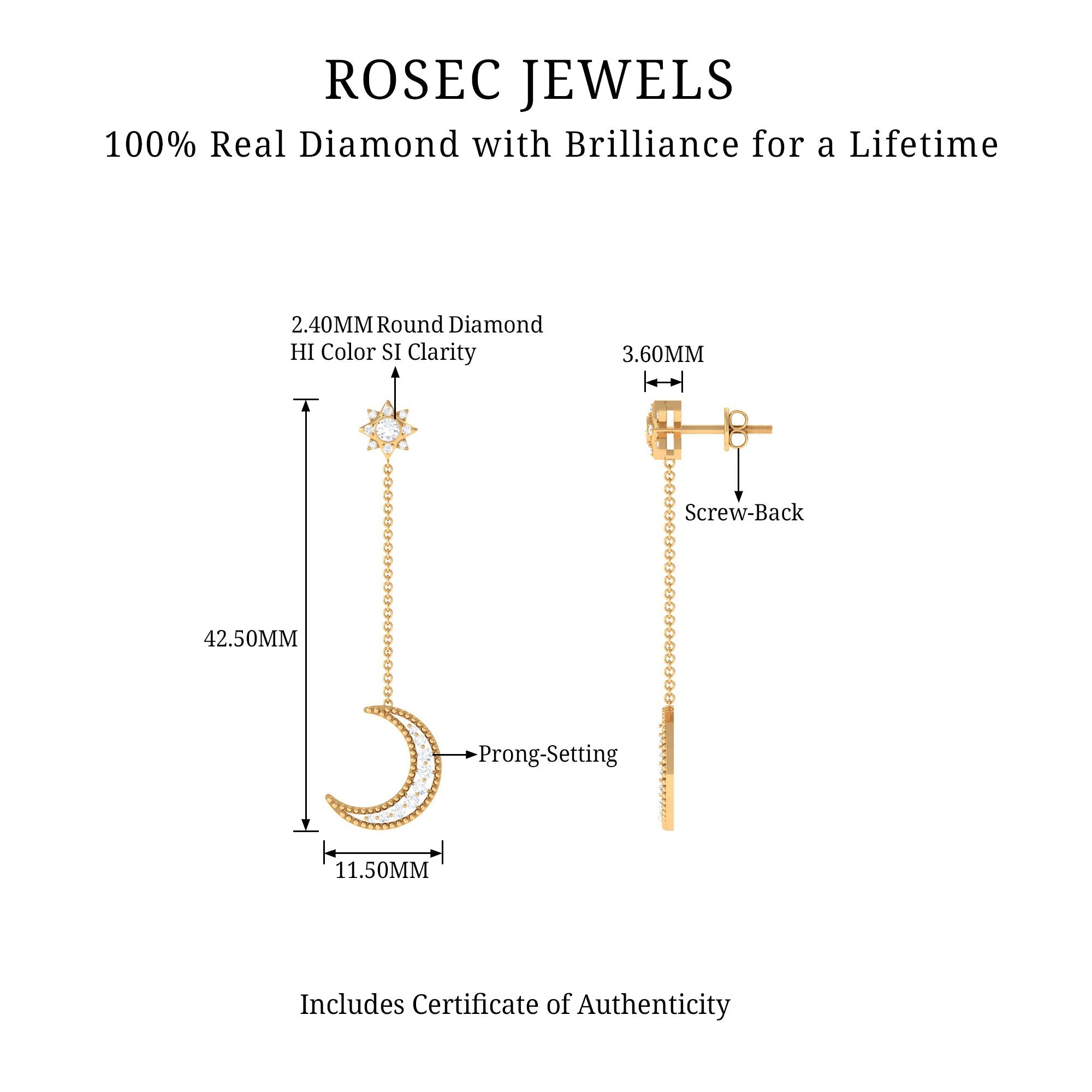 Diamond Chain Earrings – Crescent Moon & Star Dangle | Elegant Fine Jewelry