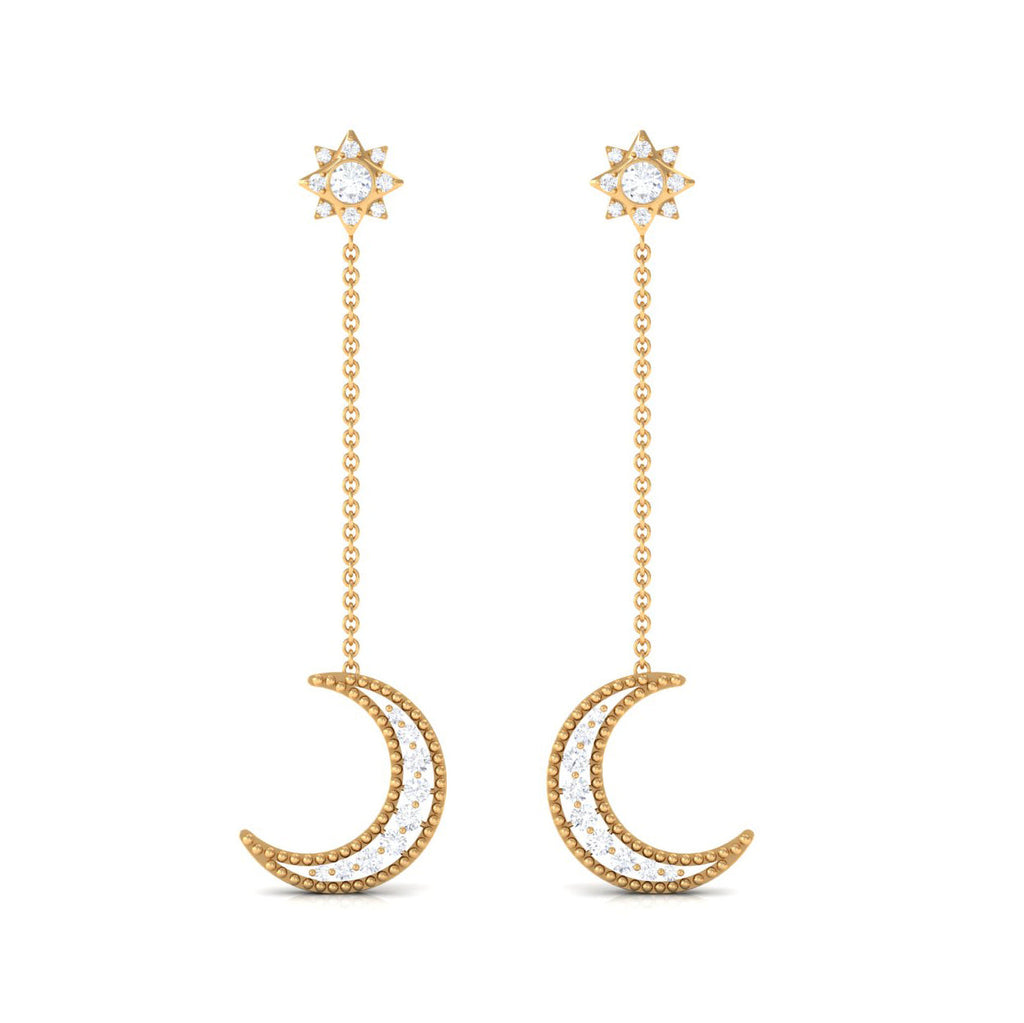 Diamond Chain Earrings – Crescent Moon & Star Dangle | Elegant Fine Jewelry