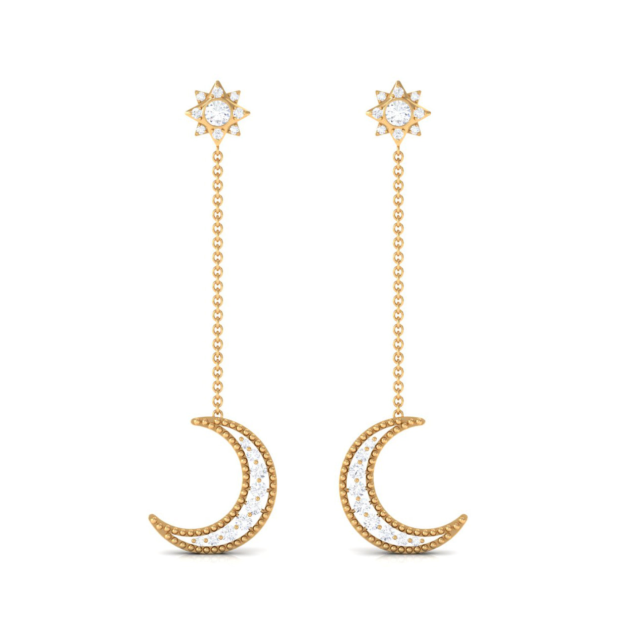 Diamond Chain Earrings – Crescent Moon & Star Dangle | Elegant Fine Jewelry