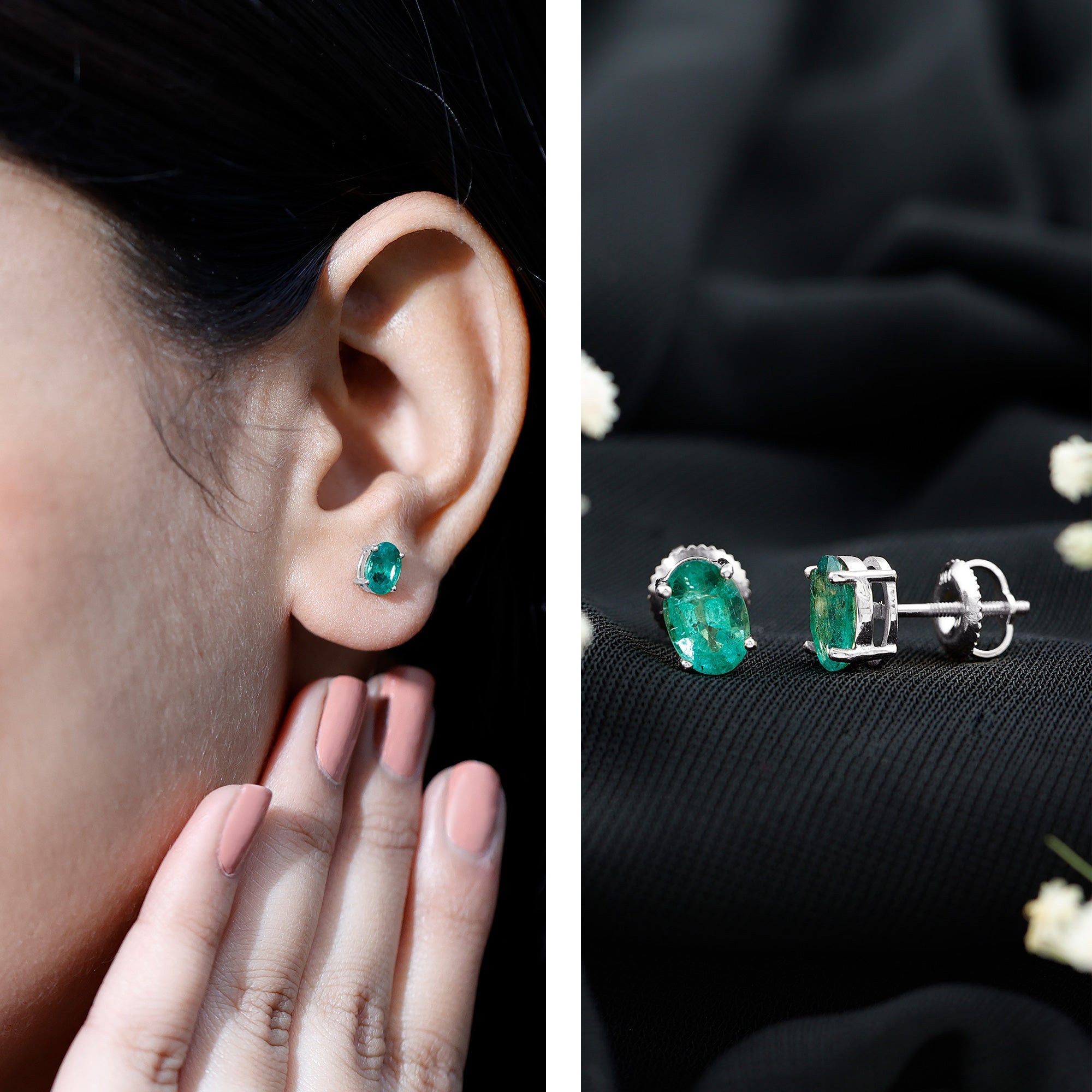 Oval Emerald Stud Earrings - 1.43 Carat AAA Quality Green Gemstone Jewelry
