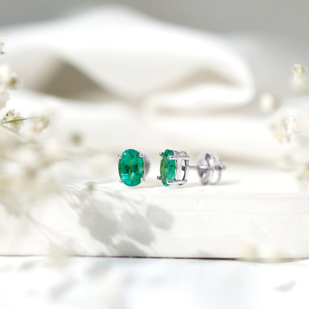 Oval Emerald Stud Earrings - 1.43 Carat AAA Quality Green Gemstone Jewelry
