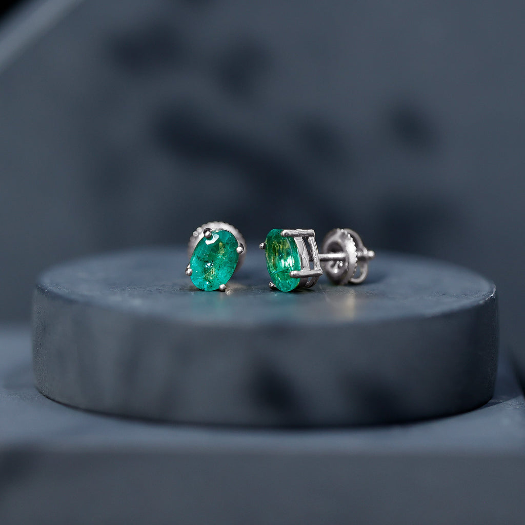 Oval Emerald Stud Earrings - 1.43 Carat AAA Quality Green Gemstone Jewelry