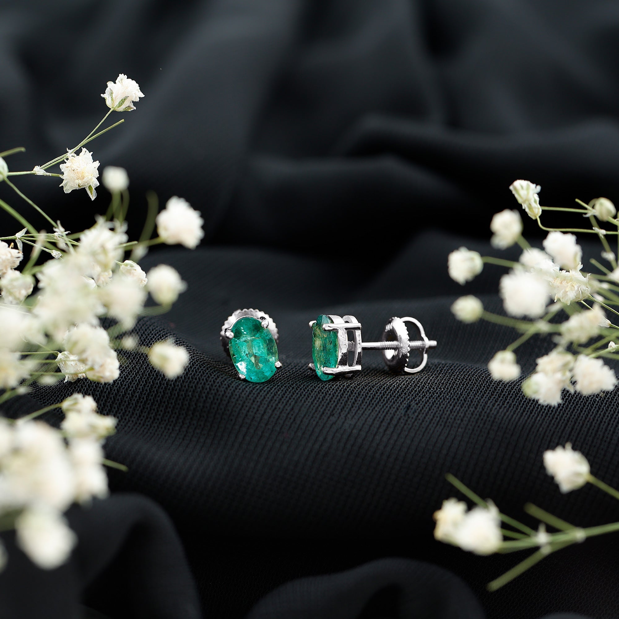 Oval Emerald Stud Earrings - 1.43 Carat AAA Quality Green Gemstone Jewelry