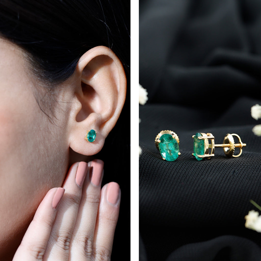 Oval Emerald Stud Earrings - 1.43 Carat AAA Quality Green Gemstone Jewelry