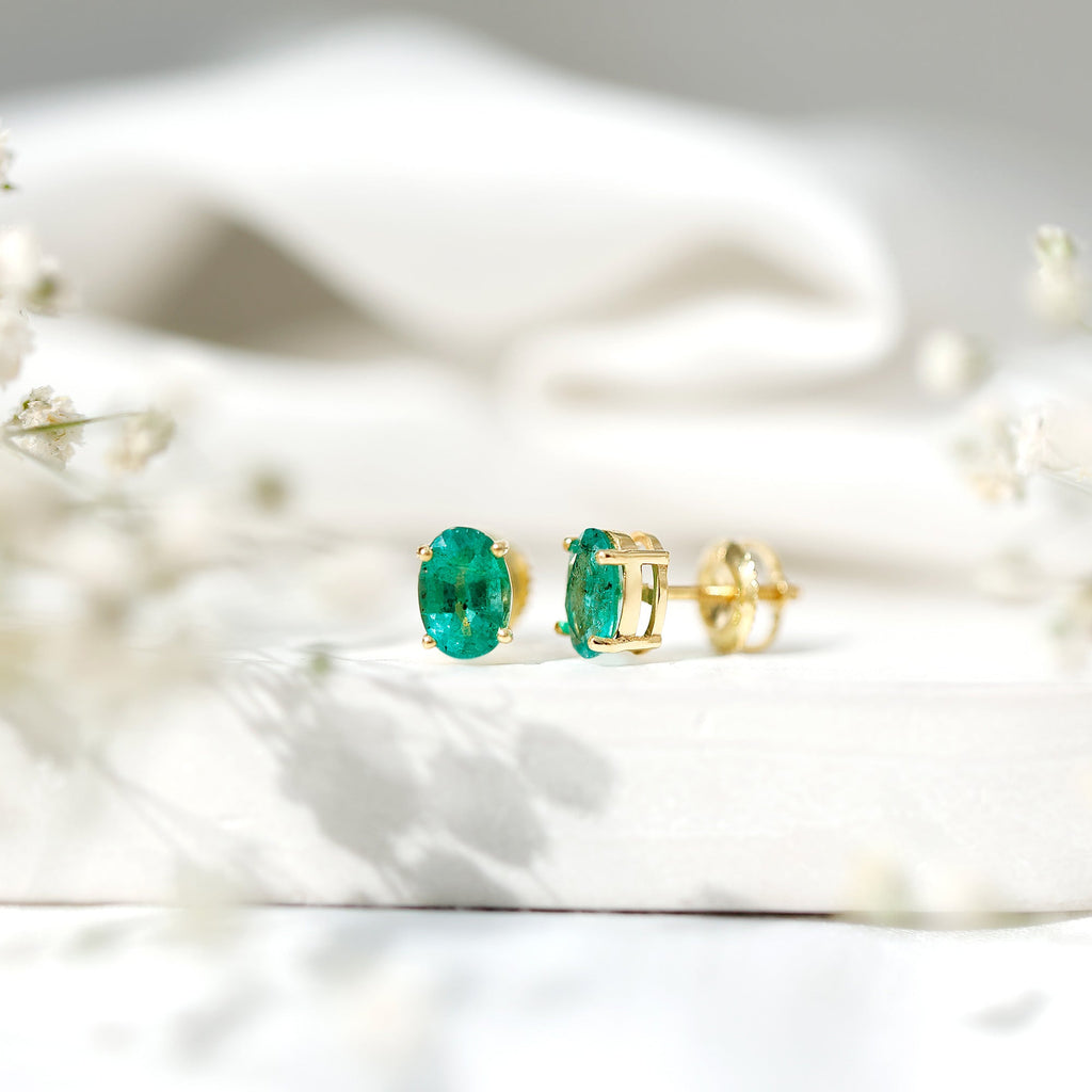 Oval Emerald Stud Earrings - 1.43 Carat AAA Quality Green Gemstone Jewelry