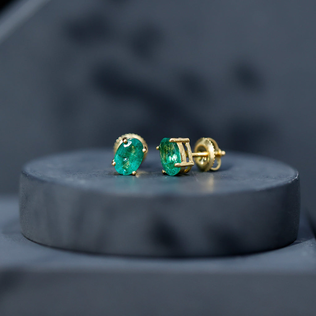 Oval Emerald Stud Earrings - 1.43 Carat AAA Quality Green Gemstone Jewelry
