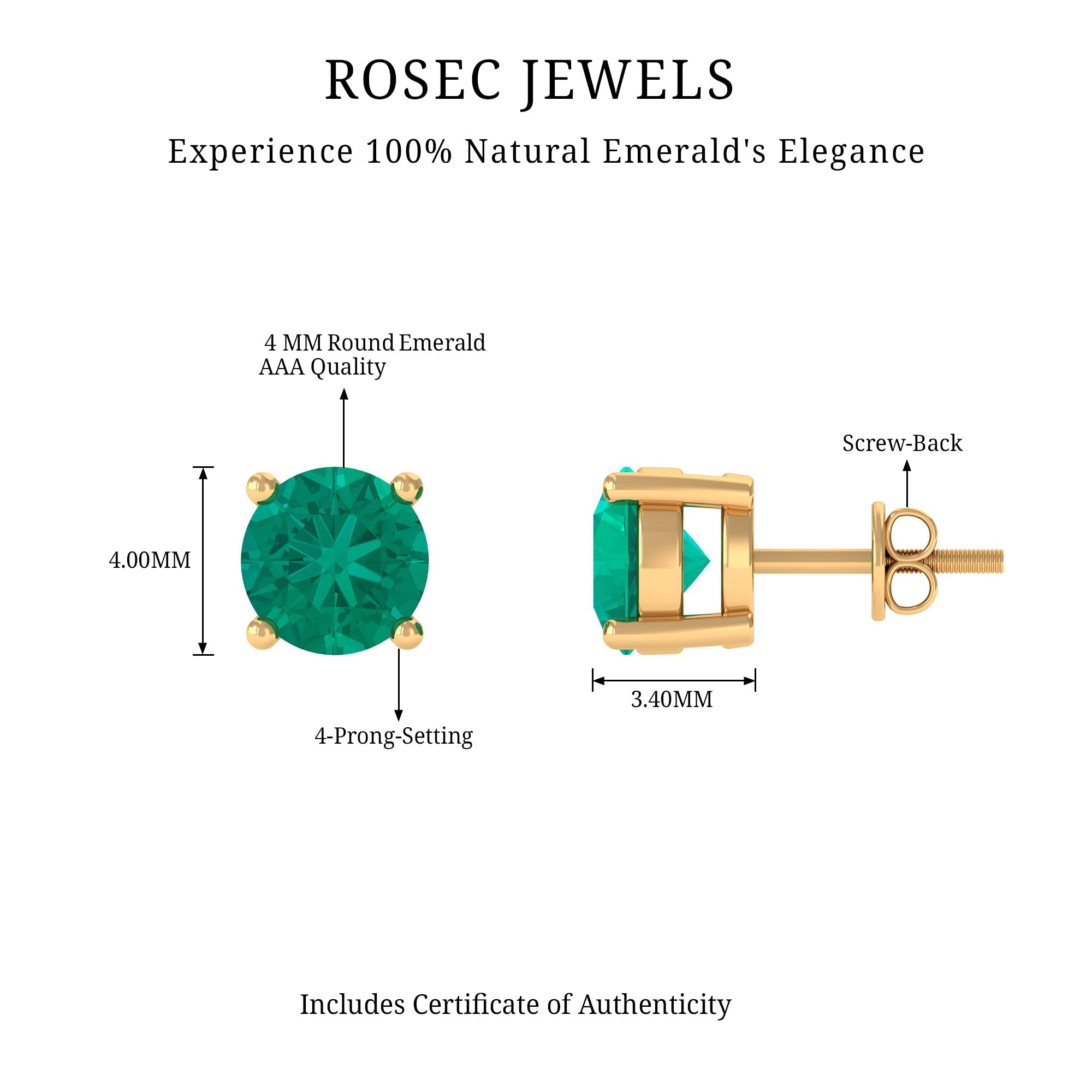 Emerald Stud Earrings - Round Cut 5 MM Real Solitaire AAA Quality Stones
