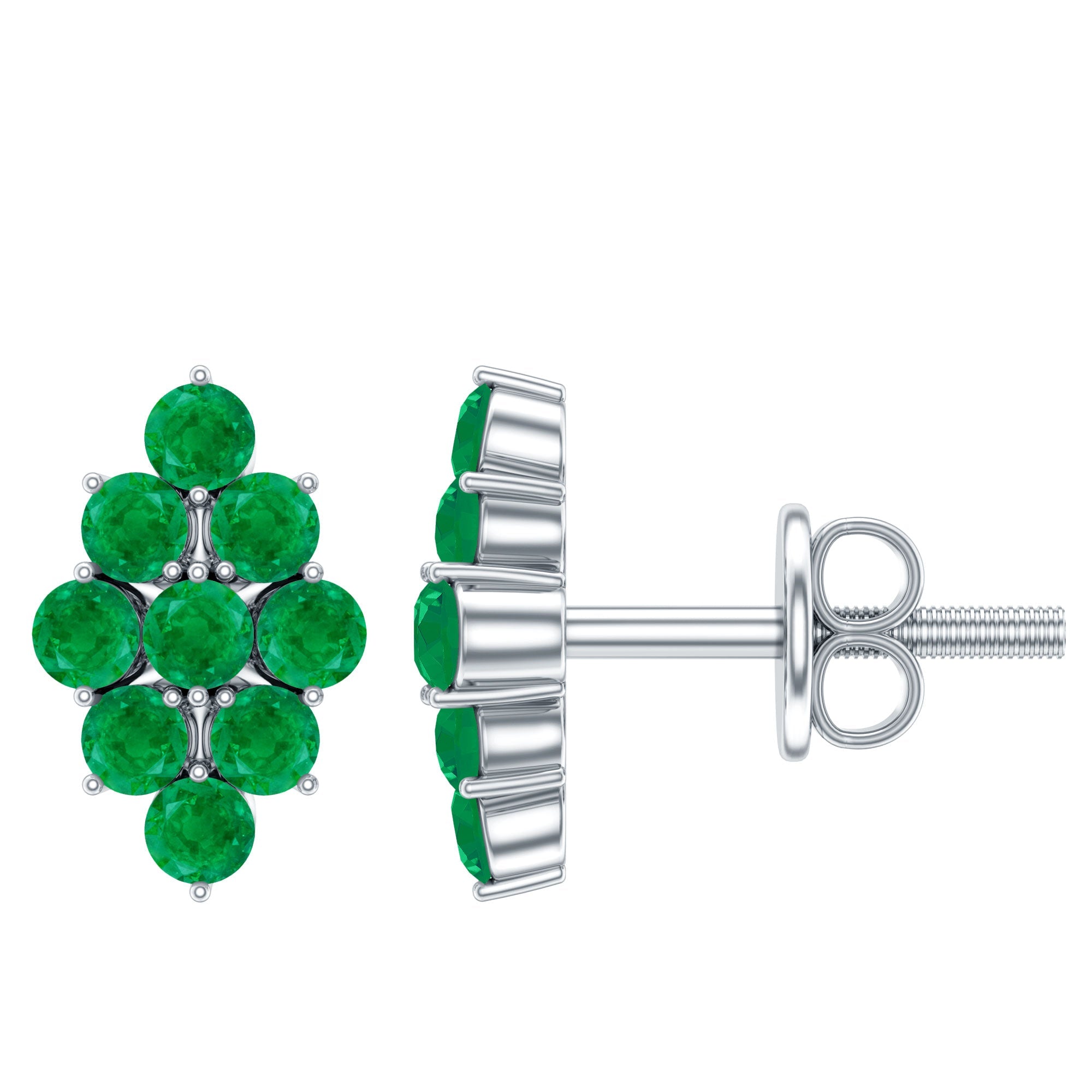 Emerald Cluster Earrings - Natural Round Studs With Screw Back, AAA Quality Emerald Jewelry