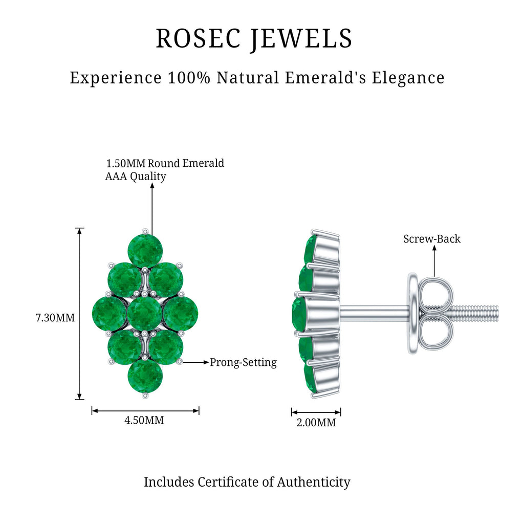 Emerald Cluster Earrings - Natural Round Studs With Screw Back, AAA Quality Emerald Jewelry