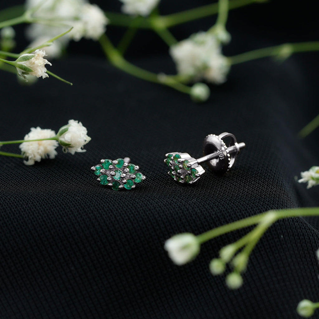 Emerald Cluster Earrings - Natural Round Studs With Screw Back, AAA Quality Emerald Jewelry