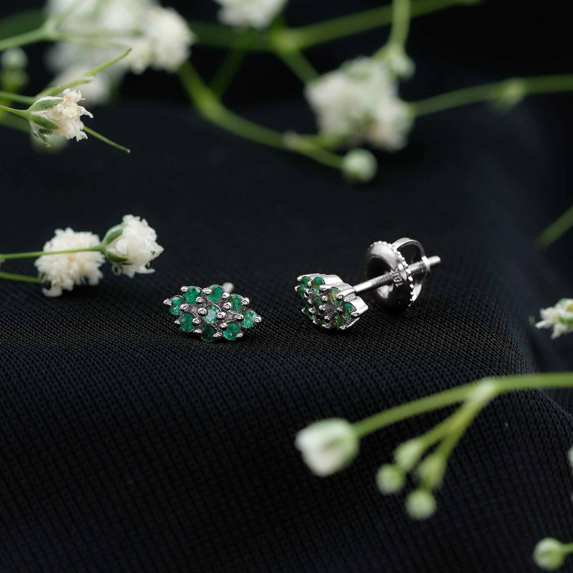 Emerald Cluster Earrings - Natural Round Studs With Screw Back, AAA Quality Emerald Jewelry