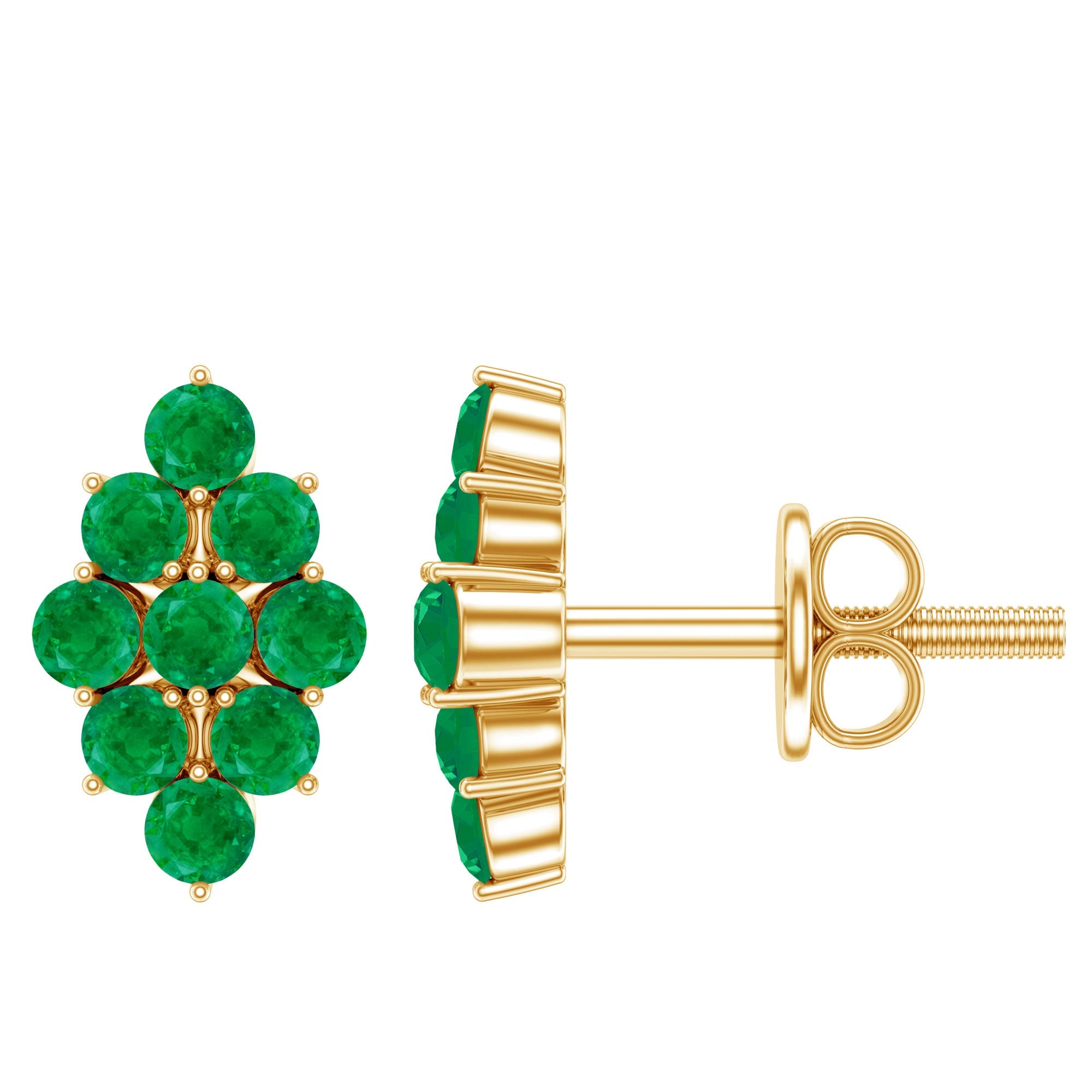 Emerald Cluster Earrings - Natural Round Studs With Screw Back, AAA Quality Emerald Jewelry