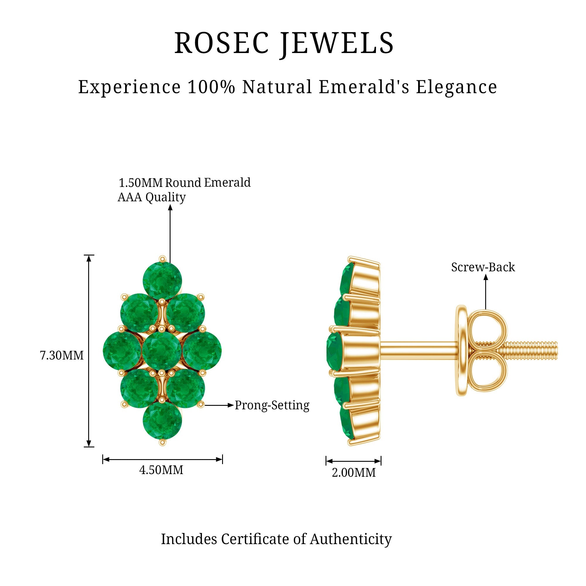 Emerald Cluster Earrings - Natural Round Studs With Screw Back, AAA Quality Emerald Jewelry