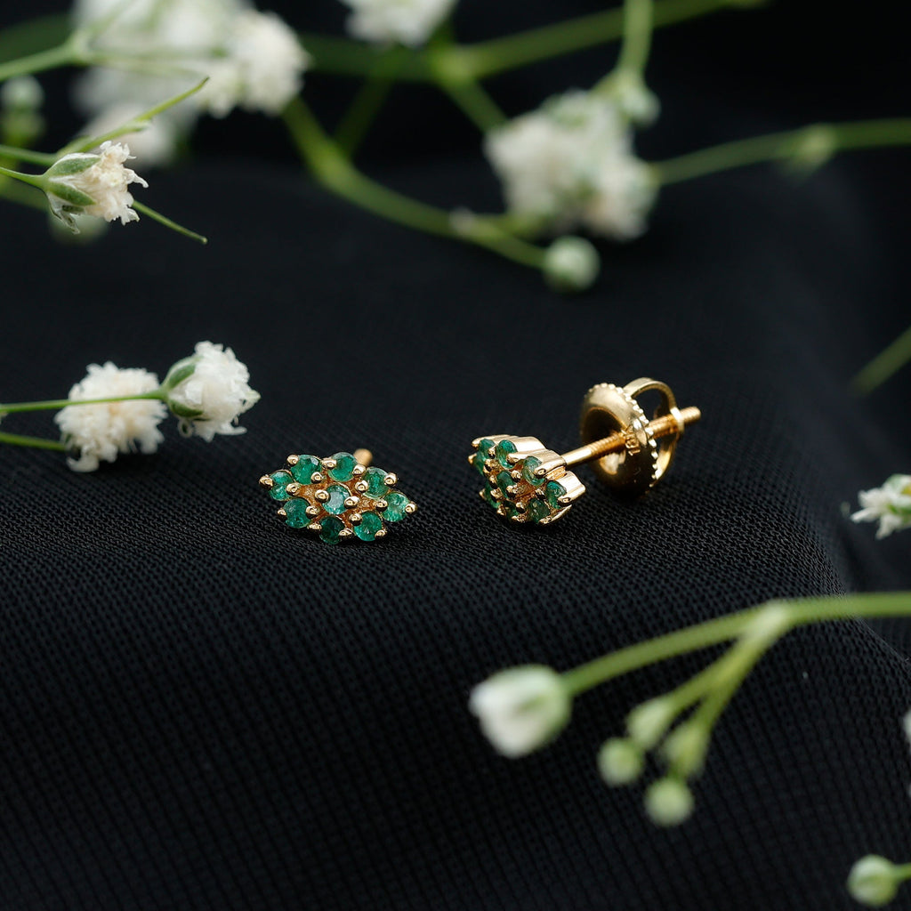 Emerald Cluster Earrings - Natural Round Studs With Screw Back, AAA Quality Emerald Jewelry