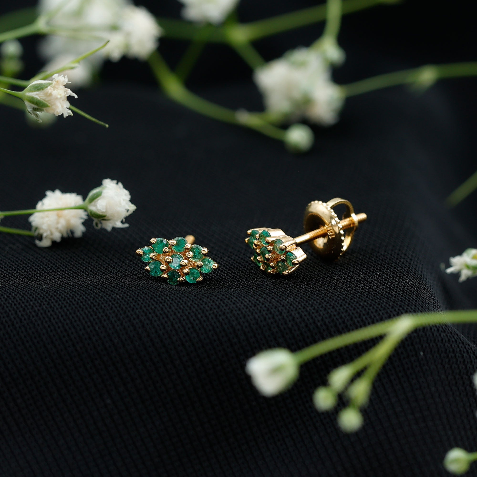 Emerald Cluster Earrings - Natural Round Studs With Screw Back, AAA Quality Emerald Jewelry