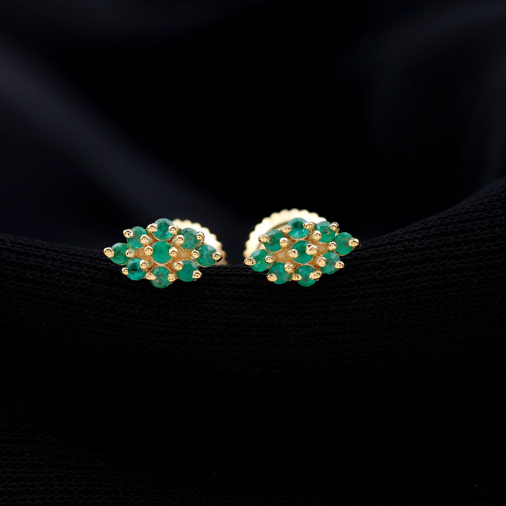 Emerald Cluster Earrings - Natural Round Studs With Screw Back, AAA Quality Emerald Jewelry