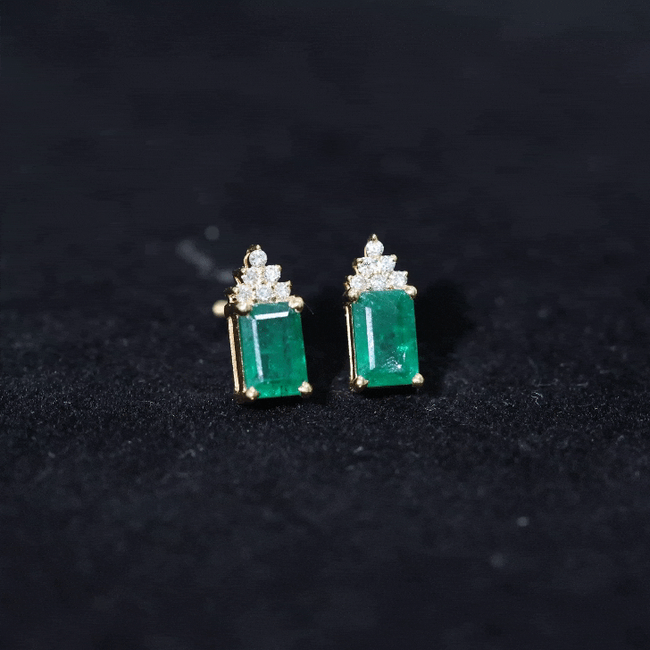 Emerald Stud Earrings - 1.32 Ct Emerald Cut with Diamond Cluster, AAA Quality