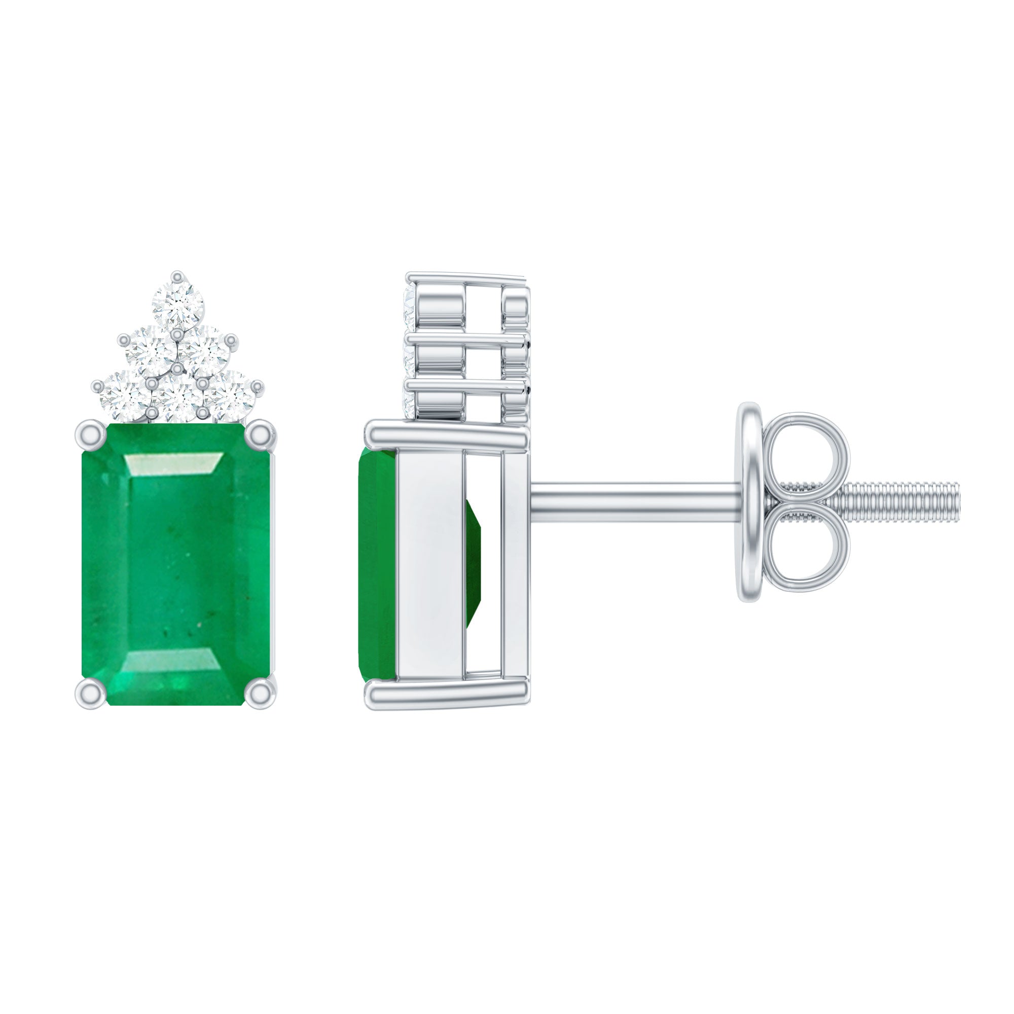 Emerald Stud Earrings - 1.32 Ct Emerald Cut with Diamond Cluster, AAA Quality