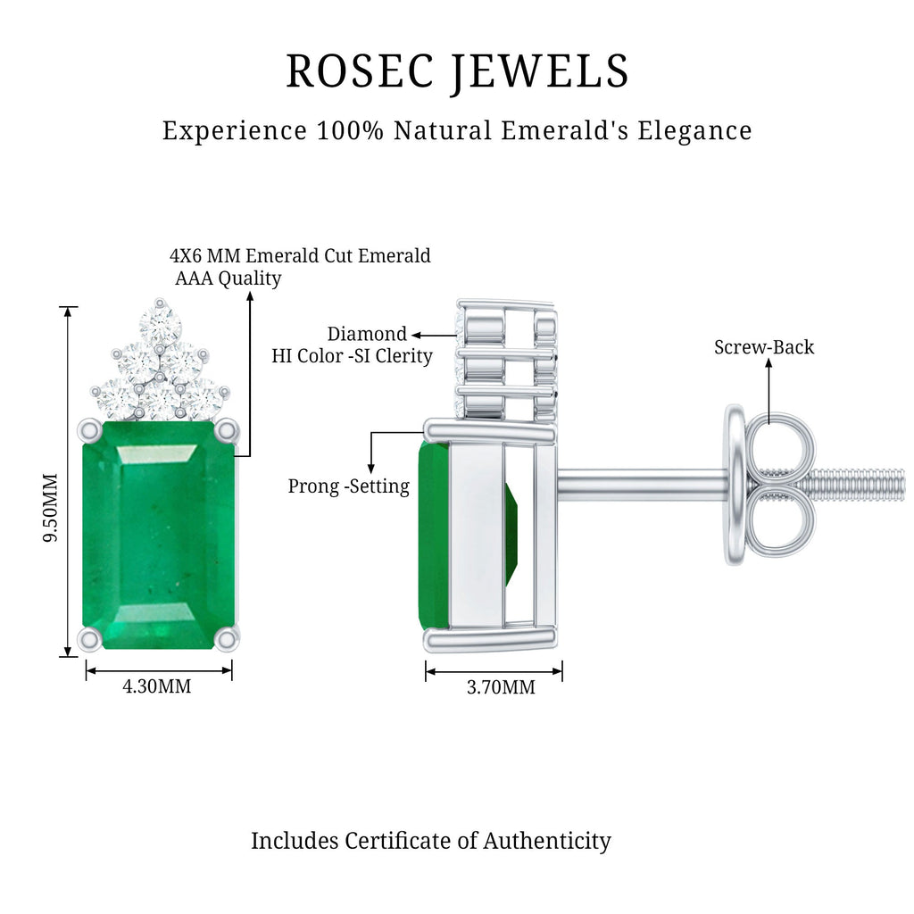 Emerald Stud Earrings - 1.32 Ct Emerald Cut with Diamond Cluster, AAA Quality