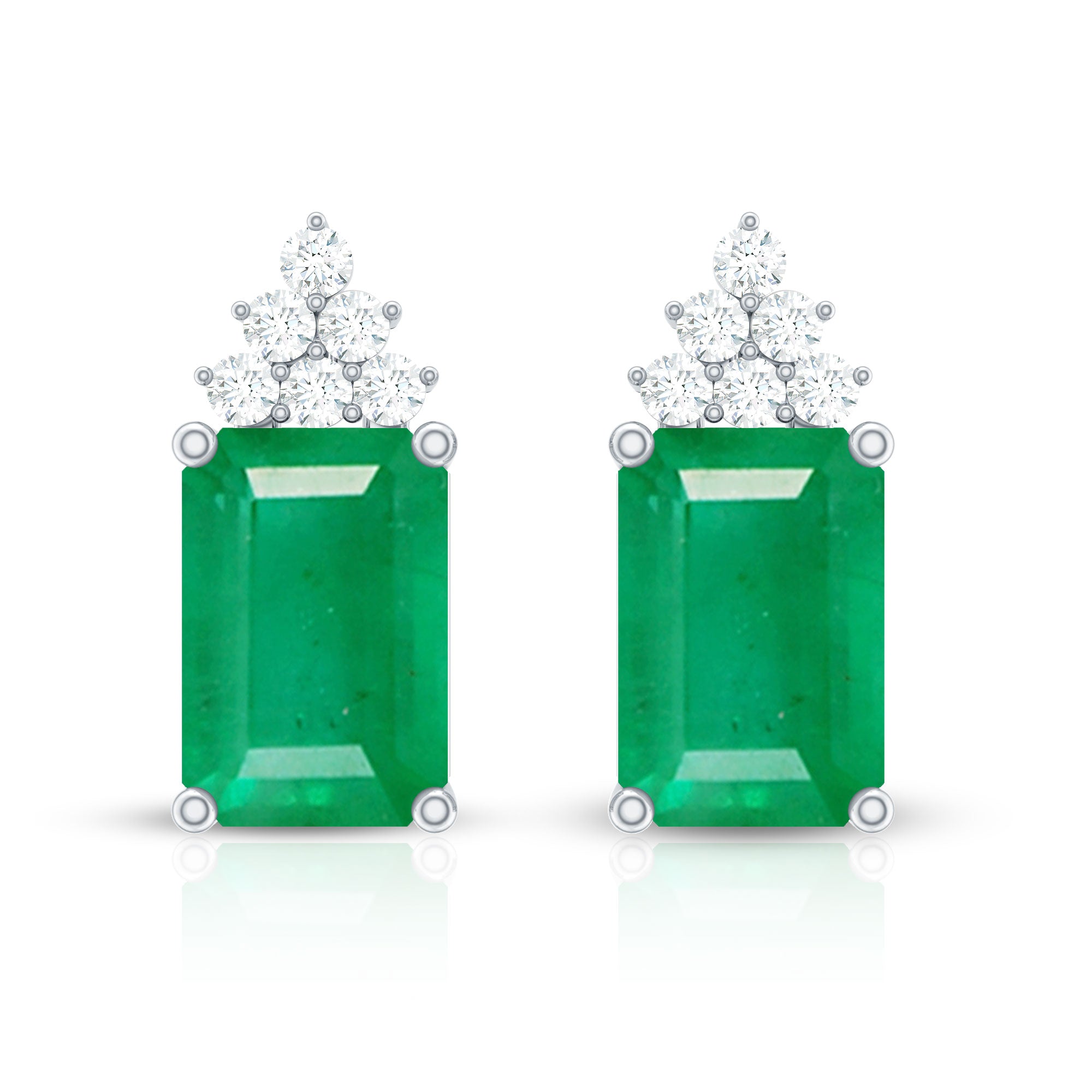 Emerald Stud Earrings - 1.32 Ct Emerald Cut with Diamond Cluster, AAA Quality