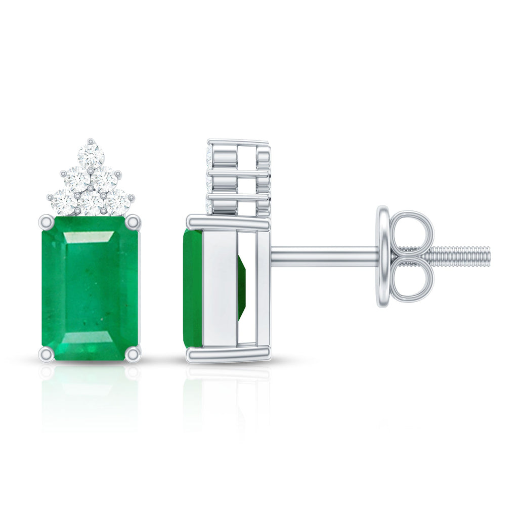 Emerald Stud Earrings - 1.32 Ct Emerald Cut with Diamond Cluster, AAA Quality