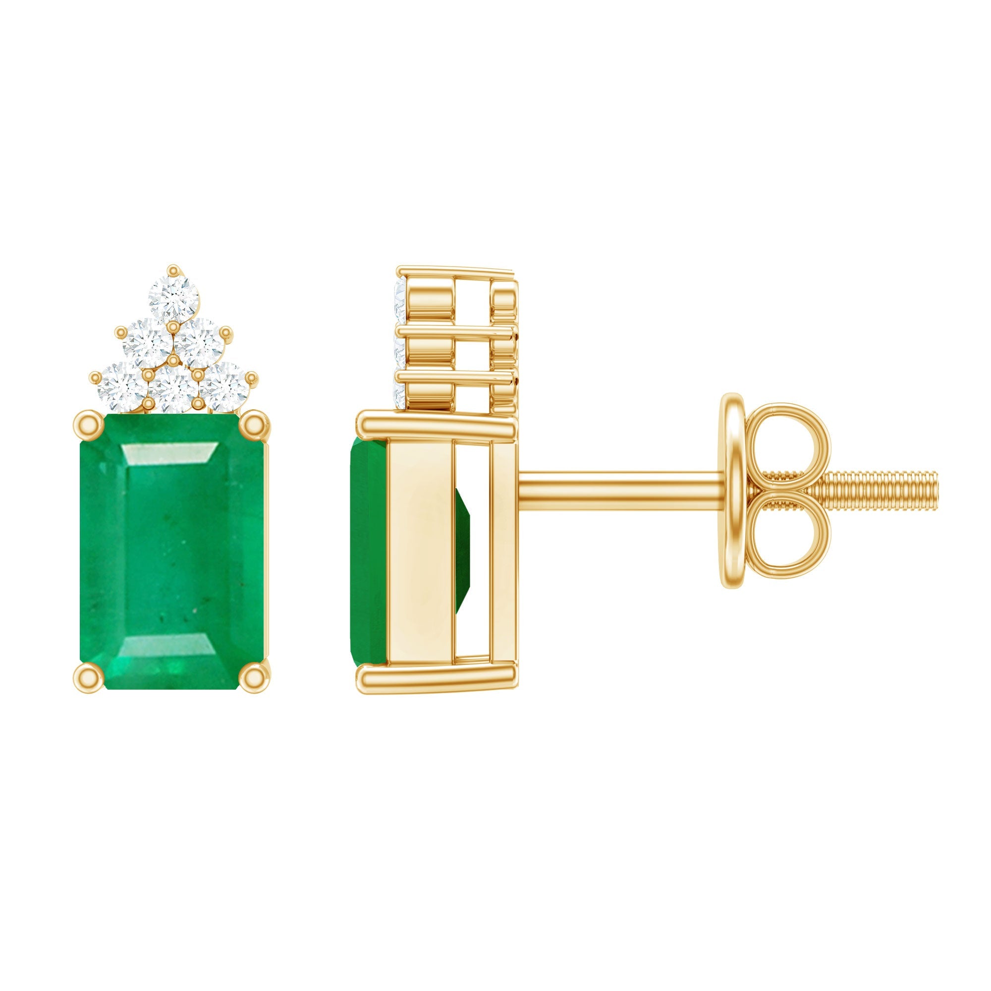 Emerald Stud Earrings - 1.32 Ct Emerald Cut with Diamond Cluster, AAA Quality