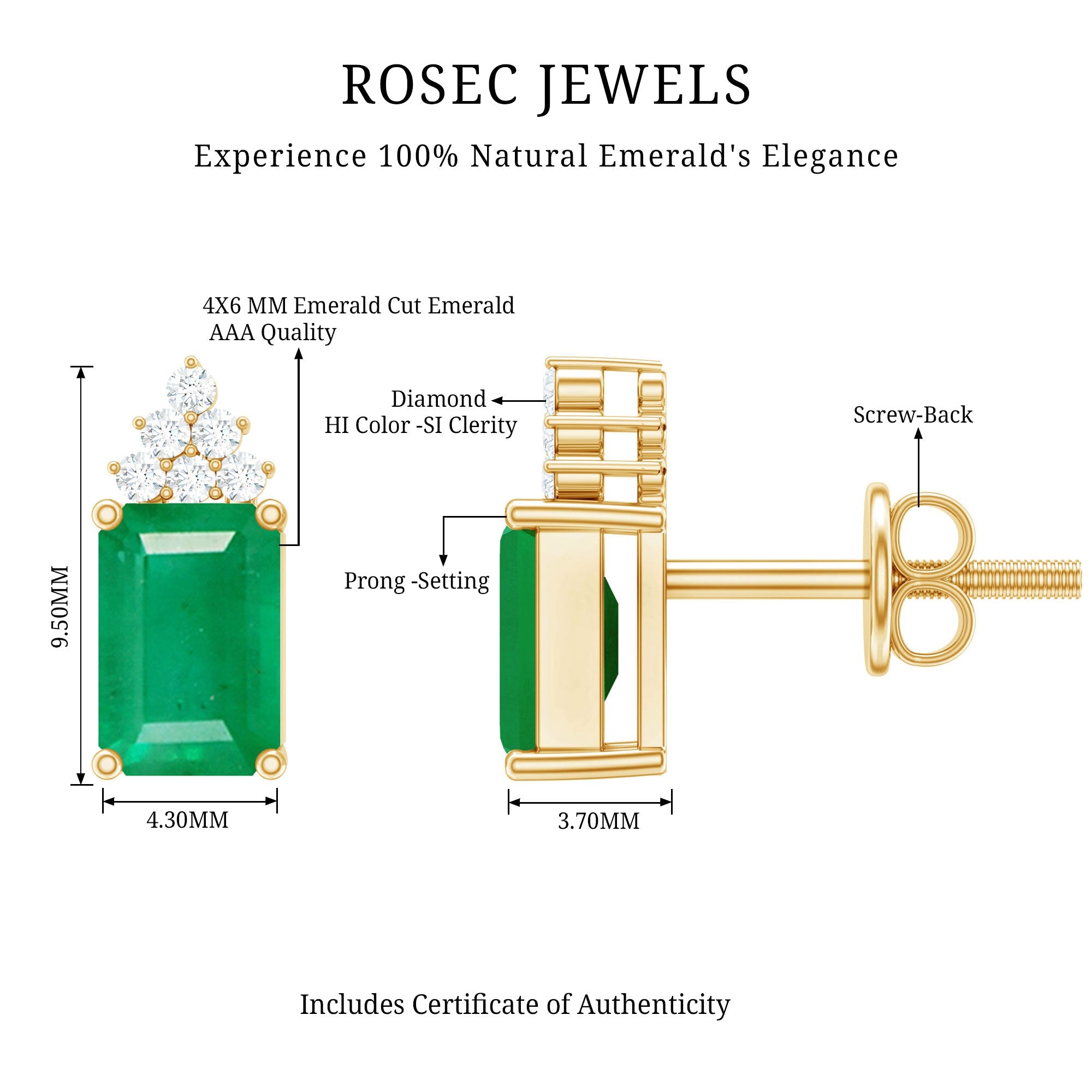 Emerald Stud Earrings - 1.32 Ct Emerald Cut with Diamond Cluster, AAA Quality