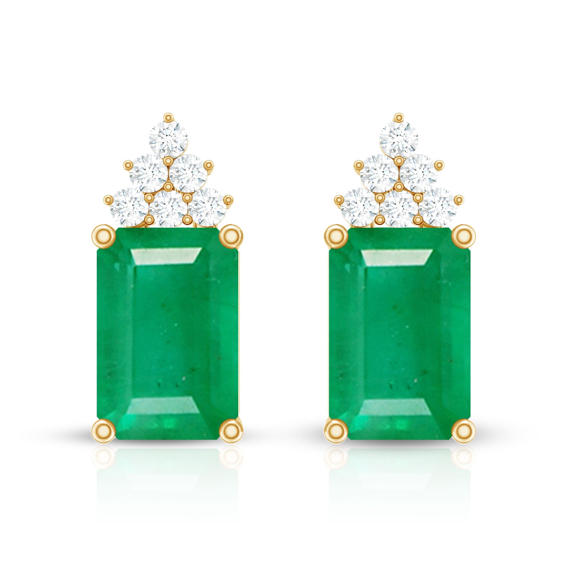 Emerald Stud Earrings - 1.32 Ct Emerald Cut with Diamond Cluster, AAA Quality