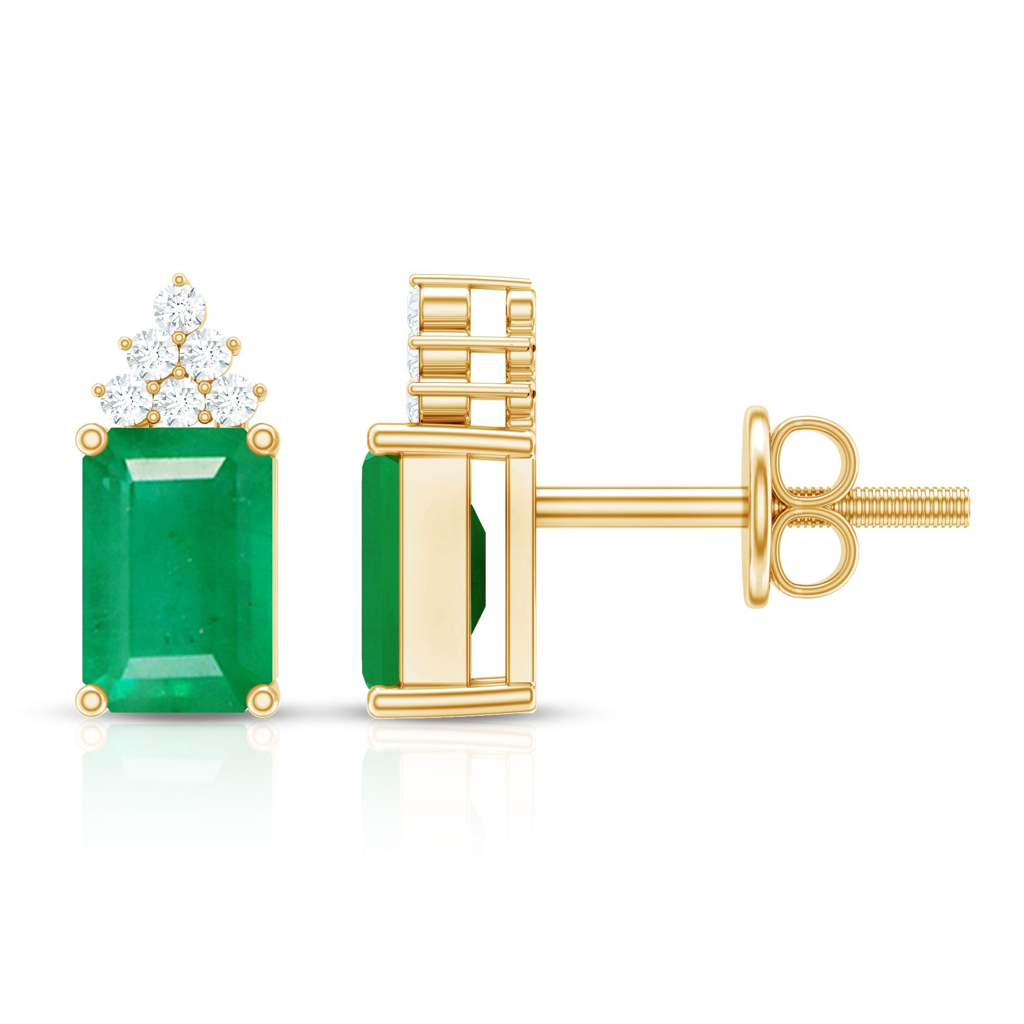 Emerald Stud Earrings - 1.32 Ct Emerald Cut with Diamond Cluster, AAA Quality