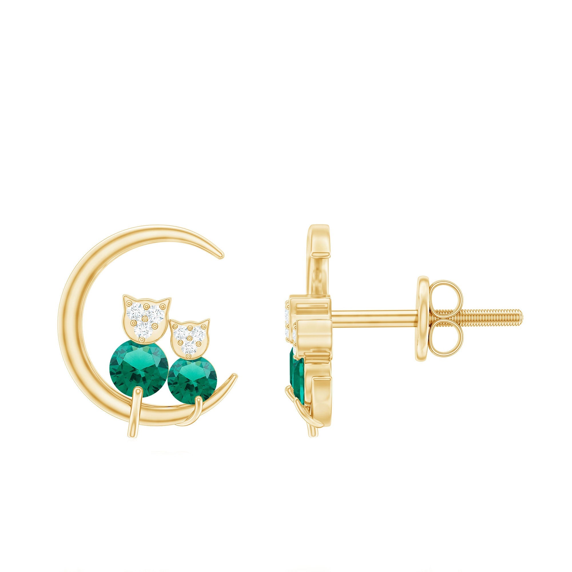 Emerald Stud Earrings – Lab Created Emerald Cat Moon Earrings | Screw Back