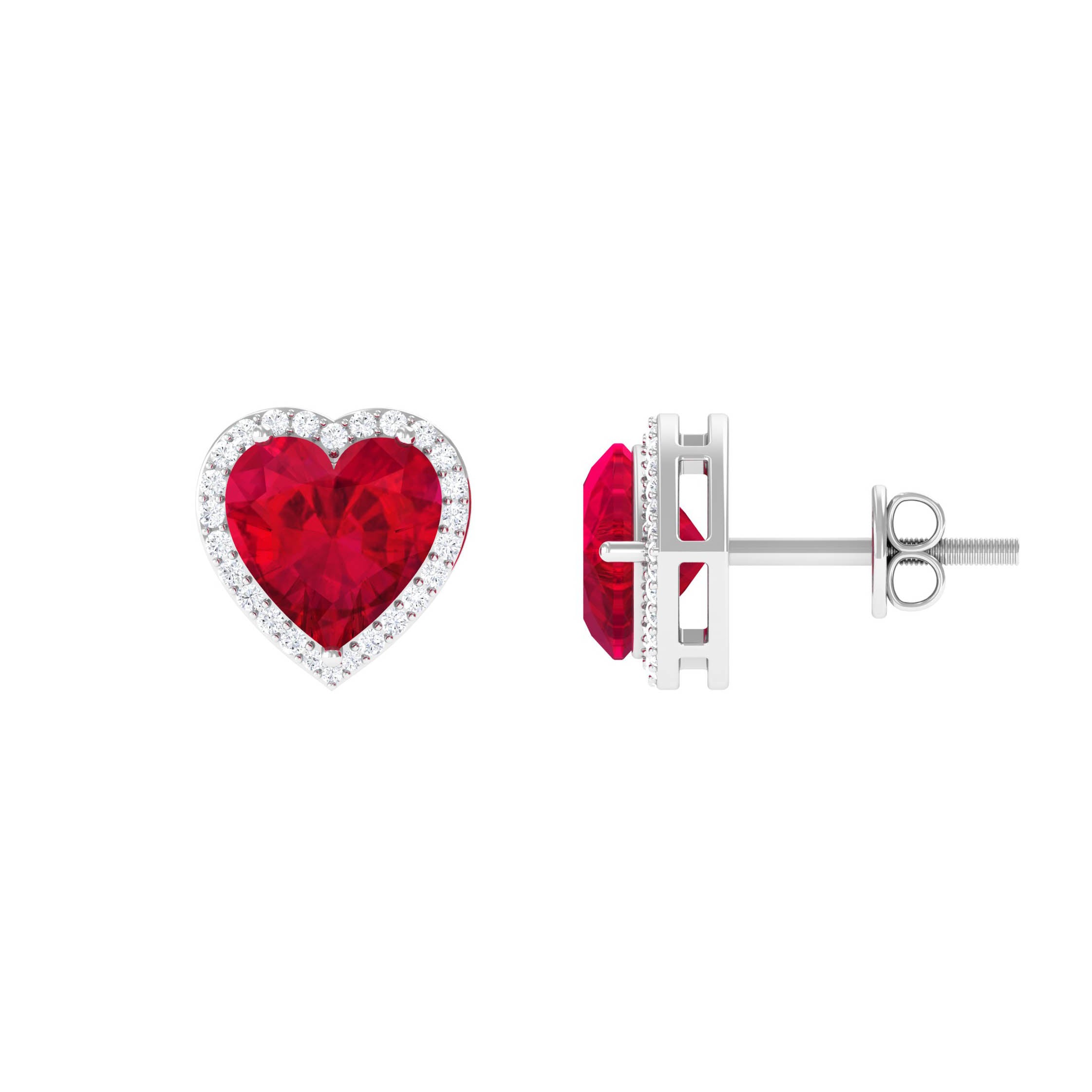 4 Carat Heart Shape Created Ruby Halo Stud Earrings with Diamond