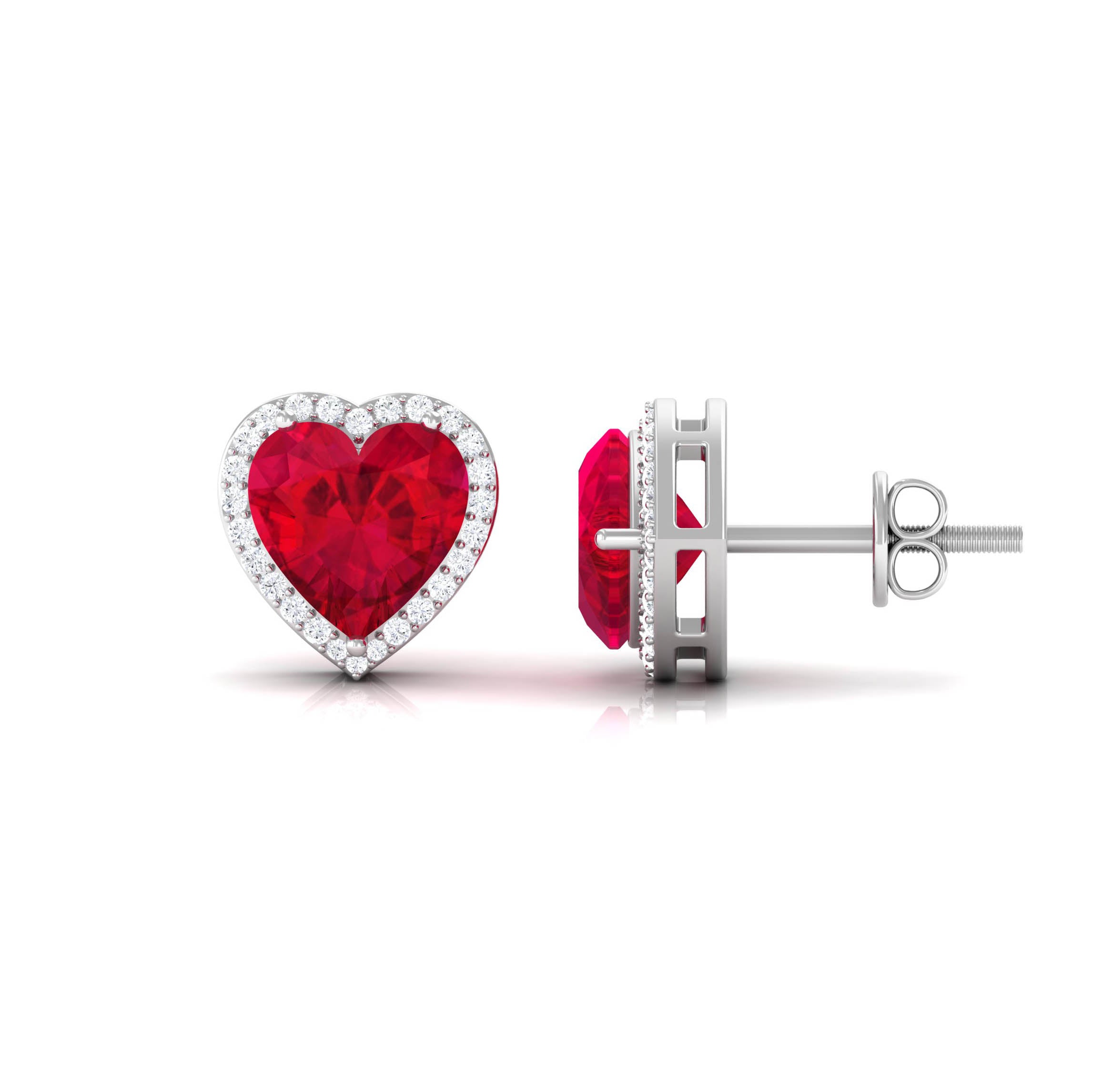 4 Carat Heart Shape Created Ruby Halo Stud Earrings with Diamond