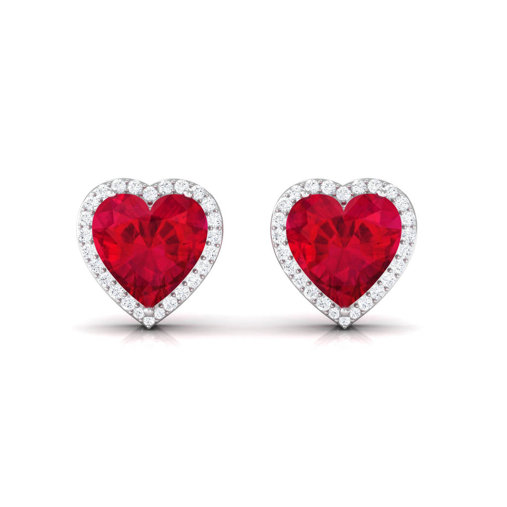 4 Carat Heart Shape Created Ruby Halo Stud Earrings with Diamond