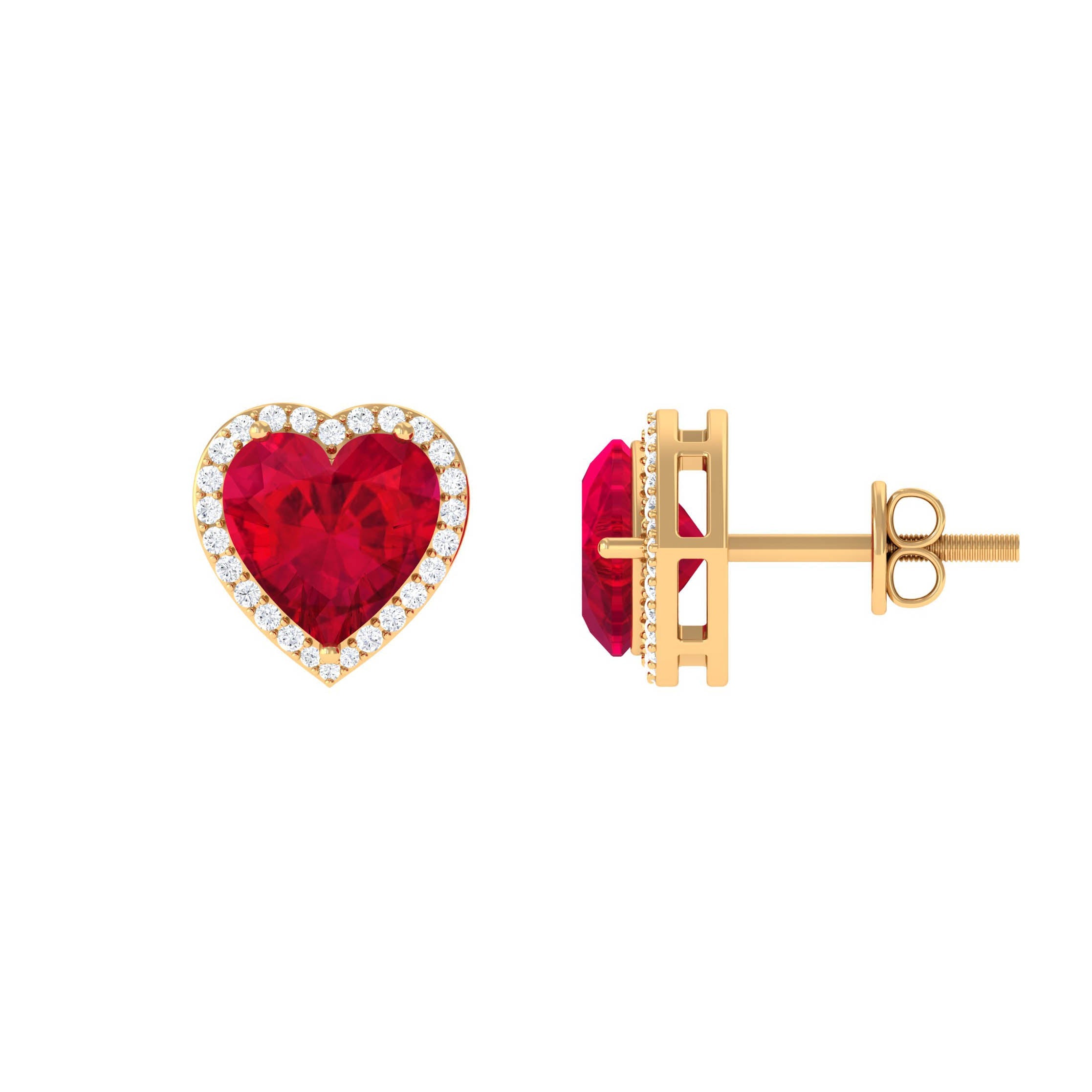4 Carat Heart Shape Created Ruby Halo Stud Earrings with Diamond