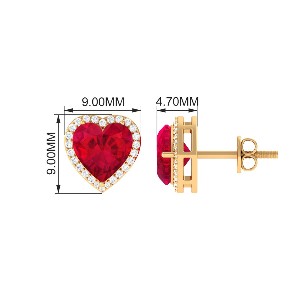 4 Carat Heart Shape Created Ruby Halo Stud Earrings with Diamond