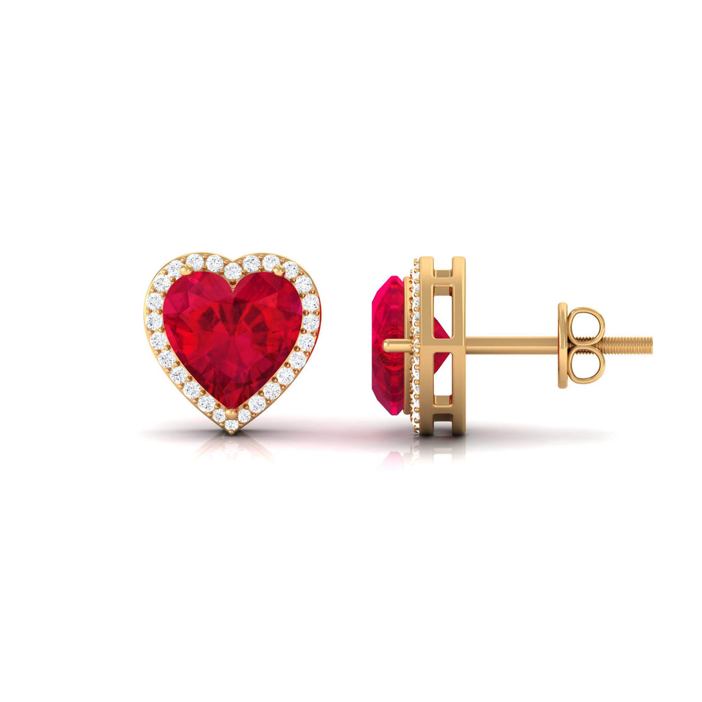 4 Carat Heart Shape Created Ruby Halo Stud Earrings with Diamond