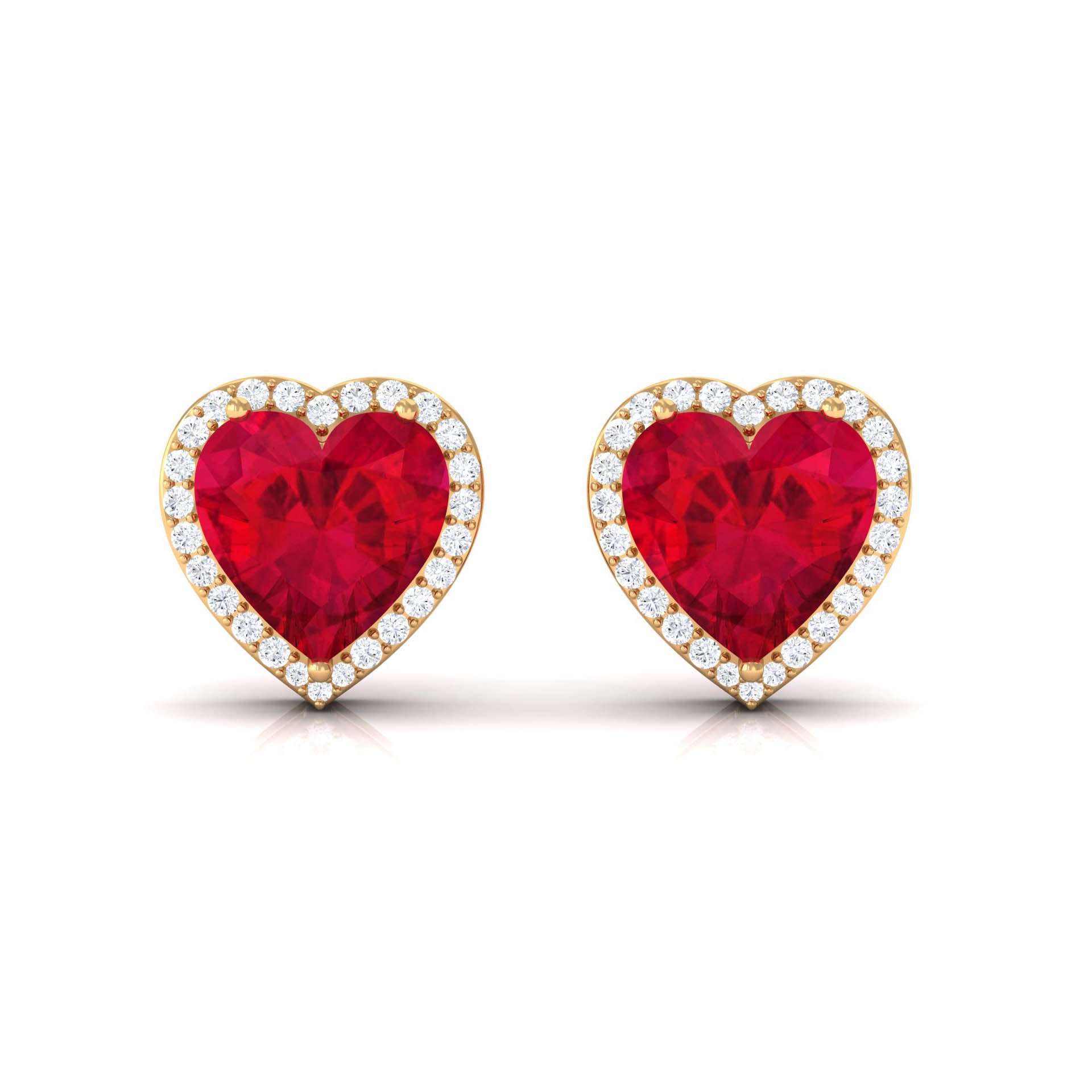 4 Carat Heart Shape Created Ruby Halo Stud Earrings with Diamond