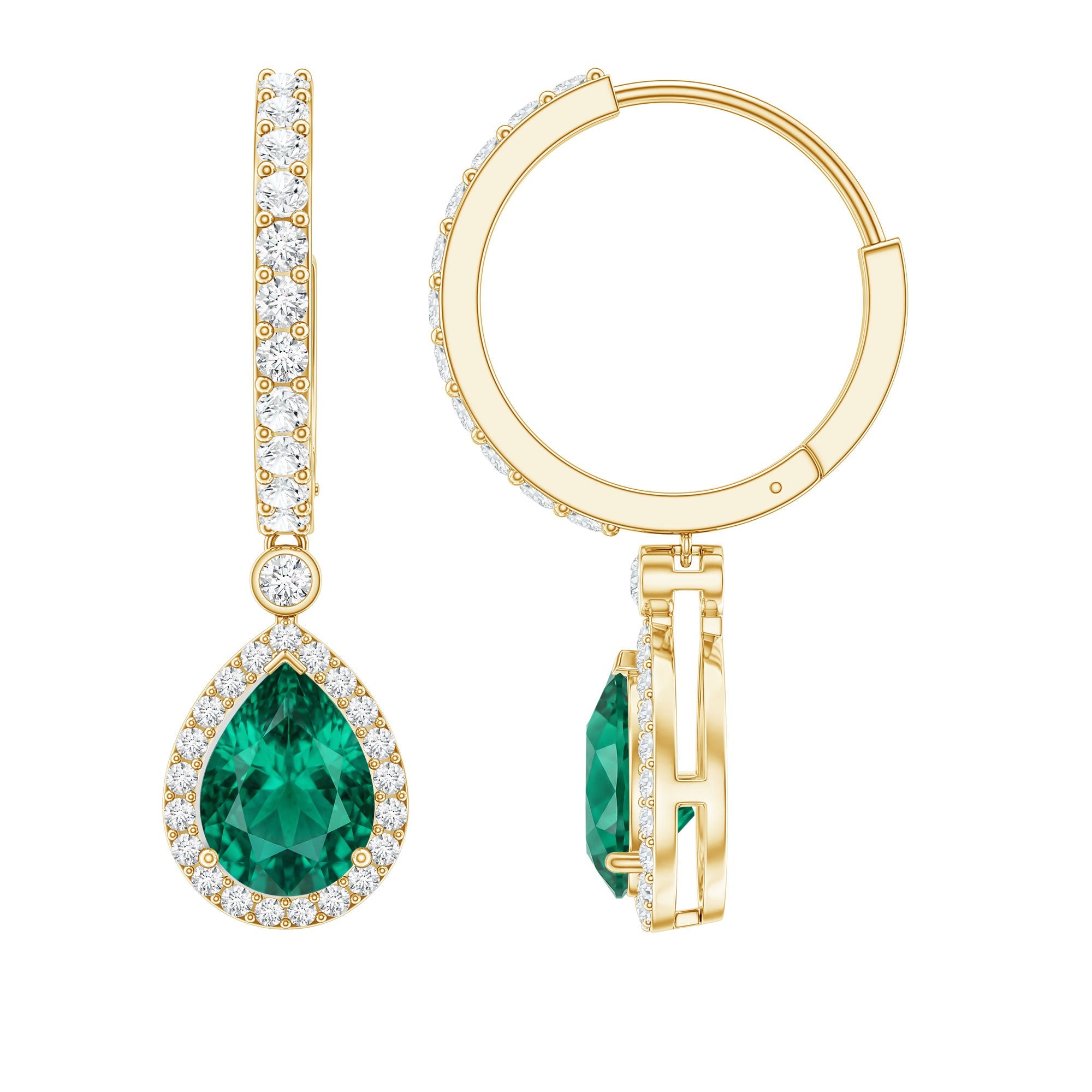 Emerald Hoop Earrings – Lab Created Emerald Teardrop with Moissanite Halo Design