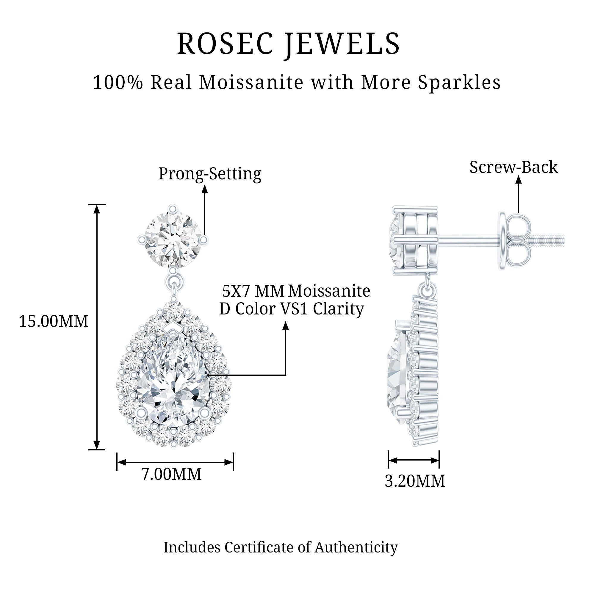 1.5 Carat Moissanite Bridal Dangle Earrings in Prong Setting