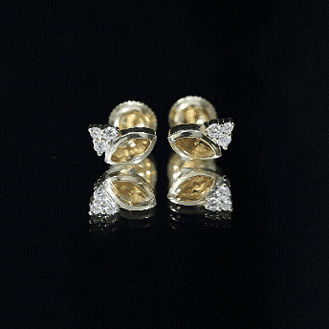 Citrine Stud Earrings – Marquise Cut Yellow Gold Bezel Set Jewelry with Diamond Accent