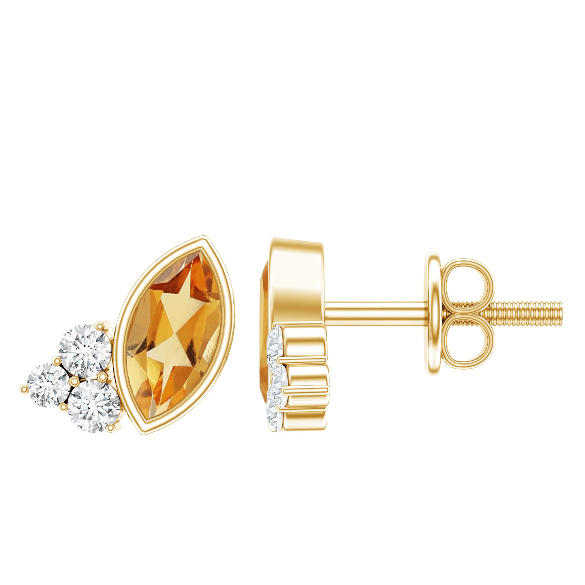 Citrine Stud Earrings – Marquise Cut Yellow Gold Bezel Set Jewelry with Diamond Accent